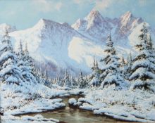 Czech/Polish school Oil on canvas Snow scene with mountains, signed,