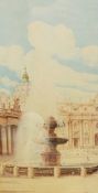 E Barra Watercolour drawing Italian townscape with fountain centre,