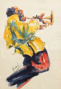 Unattributed Watercolour Jazz musician with trumpet, signed indistinctly,