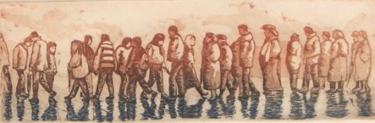 G Moss Coloured etching Figures standing in a queue on a rainy day,