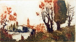 G Mosse Etching Church in landscape, signed and dated '88,