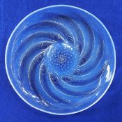 Lalique opalescent glass dish, circular and shallow, moulded in the "Poissons" pattern,