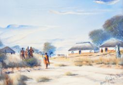 Boy Molefe (contemporary) Oil on canvas South African village scene, signed and dated 92,