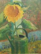 A W Hooker Oil on canvas Sunflower in a watering can, signed bottom left,