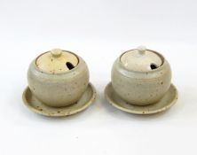 Pair Winchcombe stoneware lidded preserve pots with stands and covers, spherical,