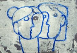 Style of Rachel Windham (1916-2005) Mixed media Two heads in blue, signed lower right,