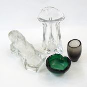 A smoky glass vase, green bonbon dish in the shape of a clover,