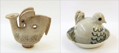 Salt stoneware glazed oil lamp of goat form,