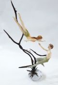 Albany, Worcester England tinted bisque figures of elves, on metal branches, on glass base,