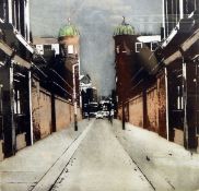 Limited edition coloured etching "Ravenscroft Street" street scene with cars and copper-domed