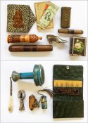 A collection of needlecases and other sewing accessories including a brass needlecase,
