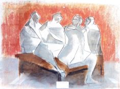 Signed indistinctly Pastel Abstract figures sitting on bench,