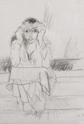 Peter de Francia (1921-2012) Pencil sketch Male figure in robes sitting on steps,