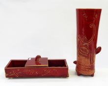 VA red vase with incised decoration and red trinket box with similar decoration