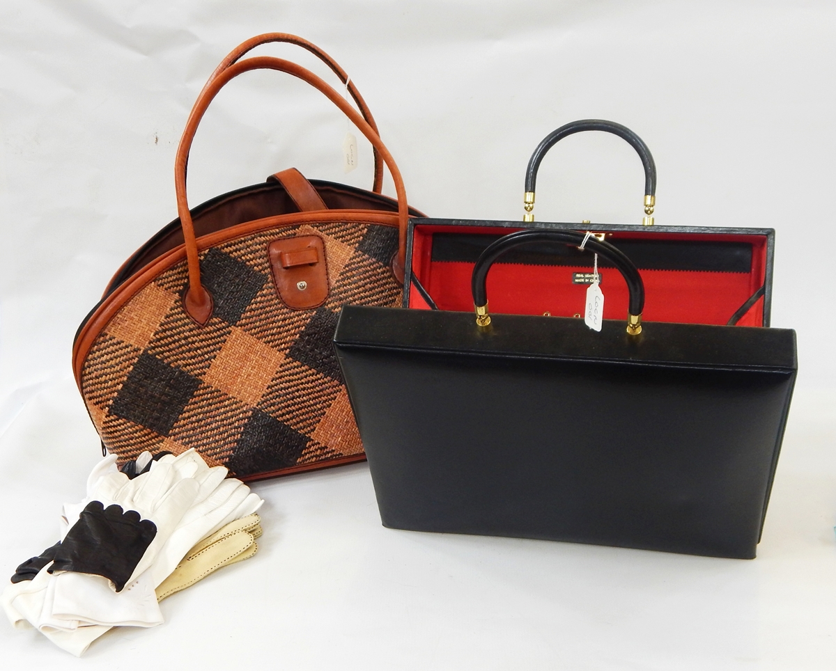 A nylon Prada across body bag with three small sections with zips, a vintage black leather bags,