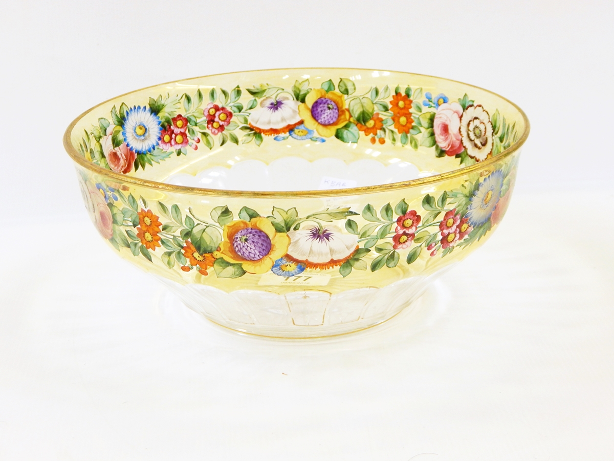 Glass fruit bowl with gilded rim, handpainted floral decoration to the rim,