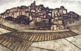 Valerie Thornton (1931-1991) Aquatint "Hill Village,