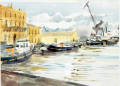 Managhan Brian Watercolour drawing "Sete Herault, France" port with boats and warehouses,