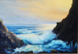 R. J. Clarke Oil on Canvas "Bounding Surf", coastal sunset scene, signed and dated '66, approx.