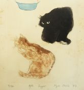 Myra Clark Coloured etching "After Supper" two cats resting, 31/40 signed and dated 1983,