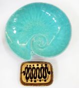 A shell-shaped fruit bowl in turquoise colour, stamped indistinctly,