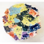 Studio pottery dish of abstract moulded form and mottled multicoloured painted decoration,