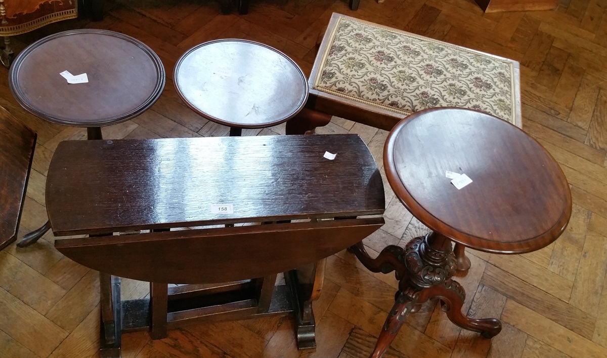 Victorian pedestal table, pair oak wine tables,