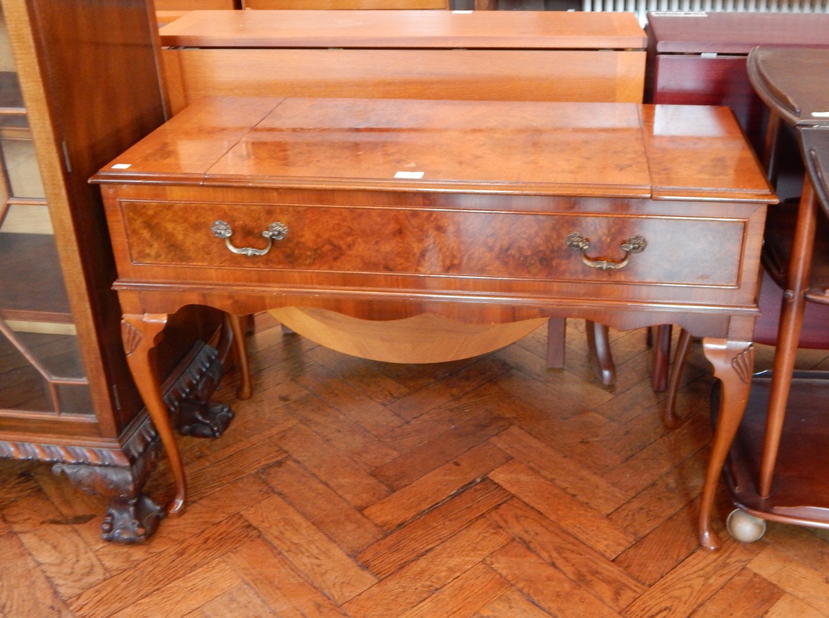 A burr walnut Georgian style side table fitted with a Garrard record turntable,