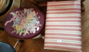 A dressing stool upholstered in striped Regency type fabric and on X-frame together with an oval