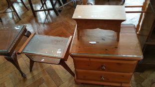 A pine two drawer bedside chest, a stool,