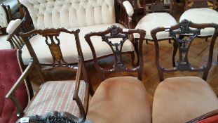 An Edwardian mahogany and line inlaid open armchair having finely inlaid splat, shaped crest rail,