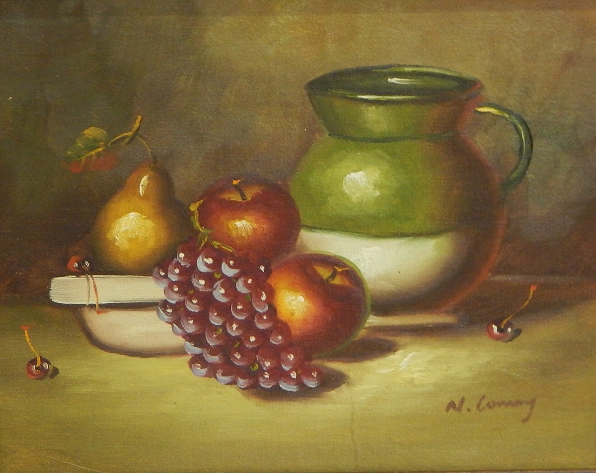 Contemporary oil on boards Still life jug with fruit, signed bottom right "N Connway(?)",