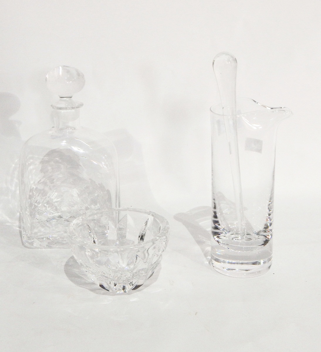 Cylindrical glass mixer jug and stirrer, rectangular cut glass decanter and stopper, etc.