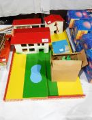 Various painted plywood scratch built buildings to include house, pigsty, stalls, etc.