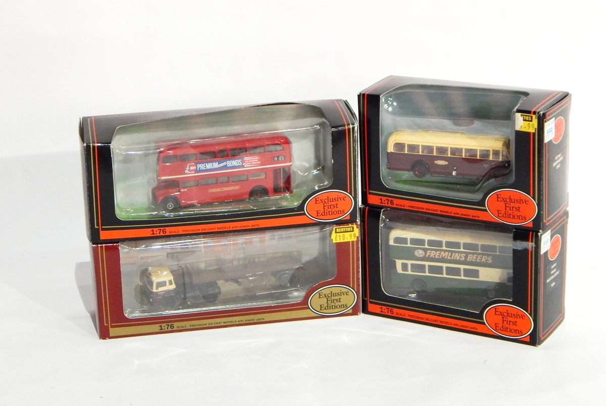 A collection of exclusive first edition boxed models including buses and Days Gone By and other
