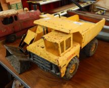 A Tonka yellow dumper trunk with a Tonka articulated digger