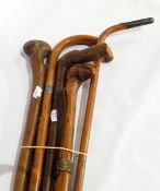 Five assorted walking sticks, one treen example carved with a parrot's head,