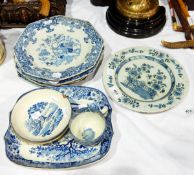 Four 19th century Oriental blue and white plates, floral and rock decorated, Delft pottery plate,