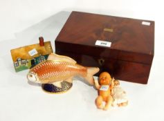Royal Crown Derby goldfish ( no box), with two miniature plastic dolls,