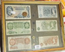 An octagonal tray with pierced border and a framed set of six bank notes and coins