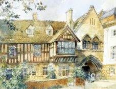 Donald H Edwards Watercolour drawing Tudor building with figures beneath arch,