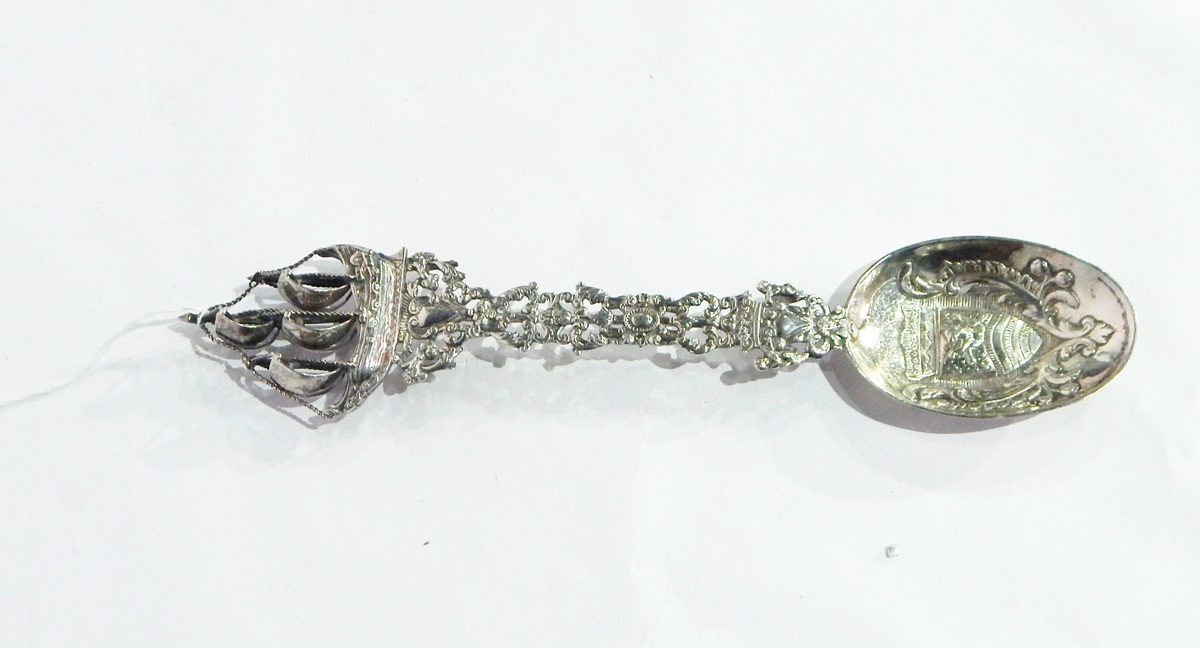 A continental silver spoon, the foliate pierced handle with galleon crest,