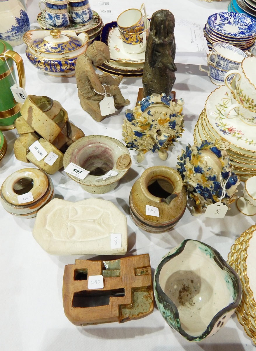 Various Studio ceramics including a seated man, bowls,