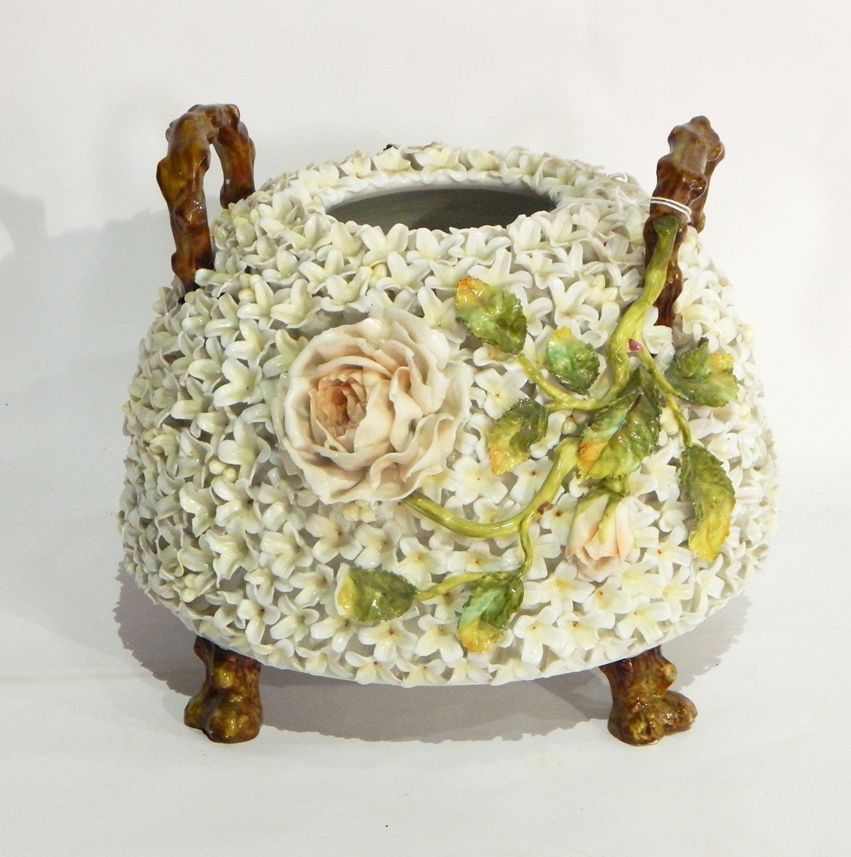 Large Victorian porcelain vase in the form of domed flower basket,