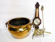 A large brass jardiniere with ring handles, an oak barometer, a trivet, etc.