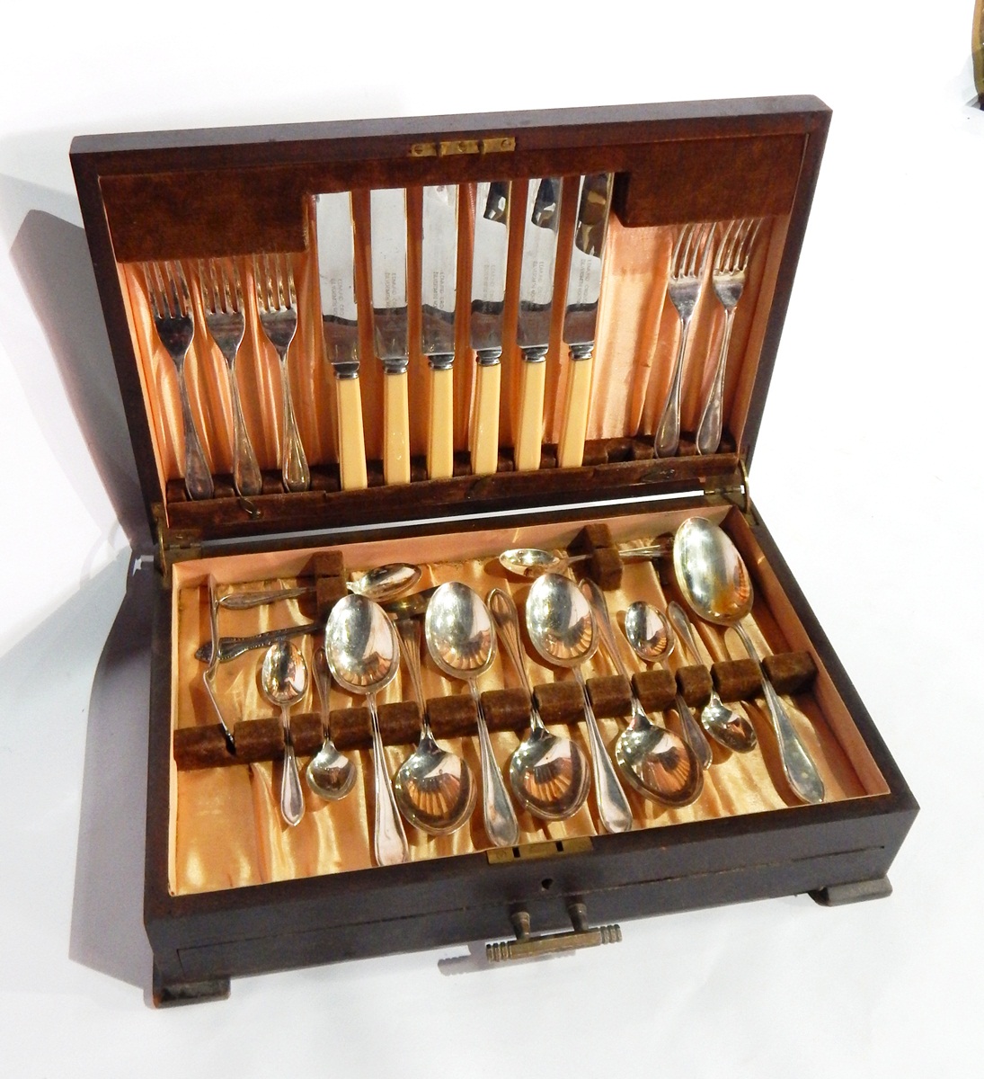 A canteen of cutlery in walnut case and a set of plated teaspoons