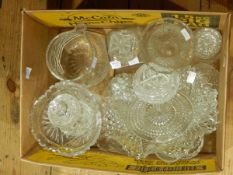A quantity of glass to include water jug, trumpet-shaped flower vase, jam dish, tray, etc.