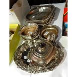 A quantity of silver plate include a pair of plated wine coasters, a teapot of half fluted form,