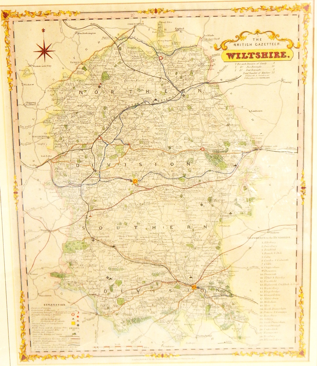 Coloured engraving "British Gazetteer, Wiltshire, Northern Division, Southern Division",