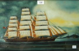 A pair of Chinese reproduction reverse painted ships on glass